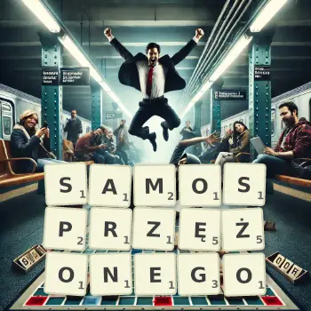 Kreatywna ilustracja do gry w Scrabble ze słowem SAMOSPRZĘŻONEGO ułożonym z płytek na planszy.