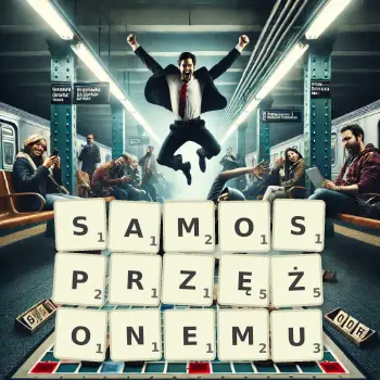 Kreatywna ilustracja do gry w Scrabble ze słowem SAMOSPRZĘŻONEMU ułożonym z płytek na planszy.