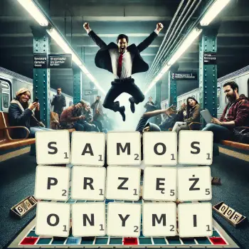 Kreatywna ilustracja do gry w Scrabble ze słowem SAMOSPRZĘŻONYMI ułożonym z płytek na planszy.