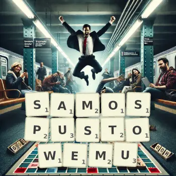 Kreatywna ilustracja do gry w Scrabble ze słowem SAMOSPUSTOWEMU ułożonym z płytek na planszy.