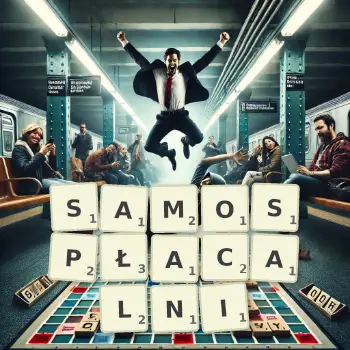 Kreatywna ilustracja do gry w Scrabble ze słowem SAMOSPŁACALNI ułożonym z płytek na planszy.