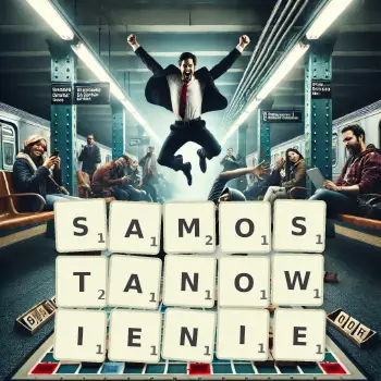 Kreatywna ilustracja do gry w Scrabble ze słowem SAMOSTANOWIENIE ułożonym z płytek na planszy.