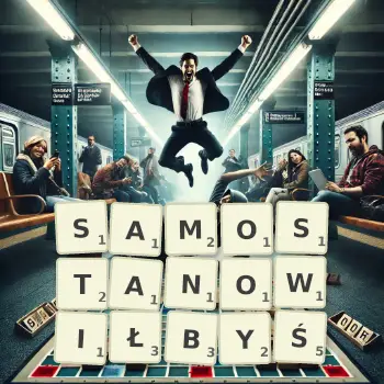 Kreatywna ilustracja do gry w Scrabble ze słowem SAMOSTANOWIŁBYŚ ułożonym z płytek na planszy.
