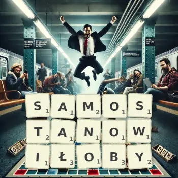 Kreatywna ilustracja do gry w Scrabble ze słowem SAMOSTANOWIŁOBY ułożonym z płytek na planszy.