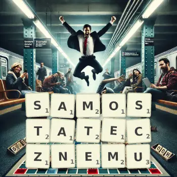 Kreatywna ilustracja do gry w Scrabble ze słowem SAMOSTATECZNEMU ułożonym z płytek na planszy.