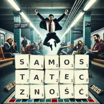 Kreatywna ilustracja do gry w Scrabble ze słowem SAMOSTATECZNOŚĆ ułożonym z płytek na planszy.