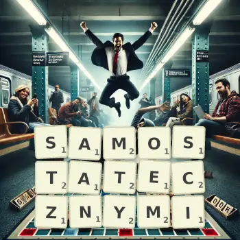 Kreatywna ilustracja do gry w Scrabble ze słowem SAMOSTATECZNYMI ułożonym z płytek na planszy.