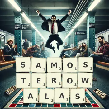 Kreatywna ilustracja do gry w Scrabble ze słowem SAMOSTEROWALAS ułożonym z płytek na planszy.