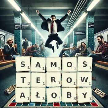 Kreatywna ilustracja do gry w Scrabble ze słowem SAMOSTEROWAŁOBY ułożonym z płytek na planszy.