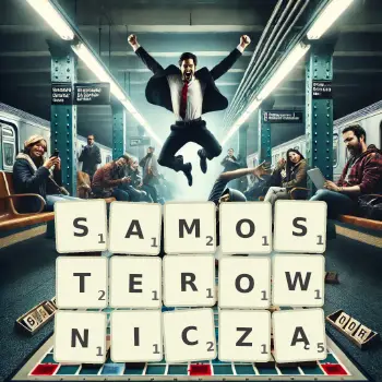 Kreatywna ilustracja do gry w Scrabble ze słowem SAMOSTEROWNICZĄ ułożonym z płytek na planszy.