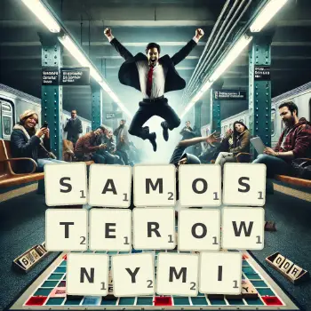 Kreatywna ilustracja do gry w Scrabble ze słowem SAMOSTEROWNYMI ułożonym z płytek na planszy.