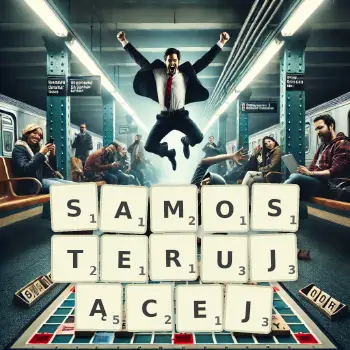 Kreatywna ilustracja do gry w Scrabble ze słowem SAMOSTERUJĄCEJ ułożonym z płytek na planszy.