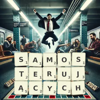 Kreatywna ilustracja do gry w Scrabble ze słowem SAMOSTERUJĄCYCH ułożonym z płytek na planszy.