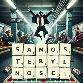 Kreatywna ilustracja do gry w Scrabble ze słowem SAMOSTERYLNOŚCI ułożonym z płytek na planszy.