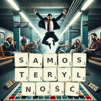 Kreatywna ilustracja do gry w Scrabble ze słowem SAMOSTERYLNOŚĆ ułożonym z płytek na planszy.