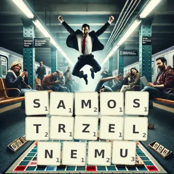 Kreatywna ilustracja do gry w Scrabble ze słowem SAMOSTRZELNEMU ułożonym z płytek na planszy.