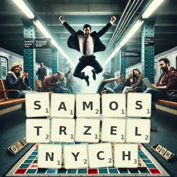 Kreatywna ilustracja do gry w Scrabble ze słowem SAMOSTRZELNYCH ułożonym z płytek na planszy.