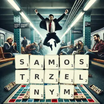 Kreatywna ilustracja do gry w Scrabble ze słowem SAMOSTRZELNYM ułożonym z płytek na planszy.