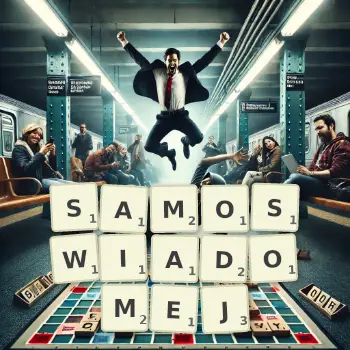 Kreatywna ilustracja do gry w Scrabble ze słowem SAMOSWIADOMEJ ułożonym z płytek na planszy.