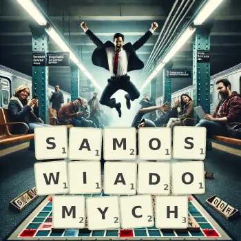 Kreatywna ilustracja do gry w Scrabble ze słowem SAMOSWIADOMYCH ułożonym z płytek na planszy.