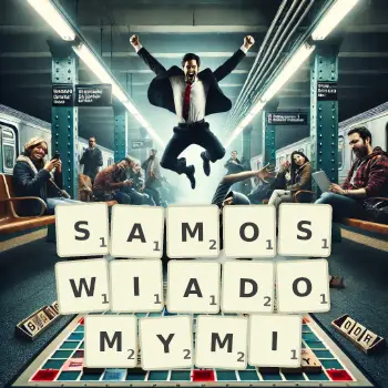 Kreatywna ilustracja do gry w Scrabble ze słowem SAMOSWIADOMYMI ułożonym z płytek na planszy.