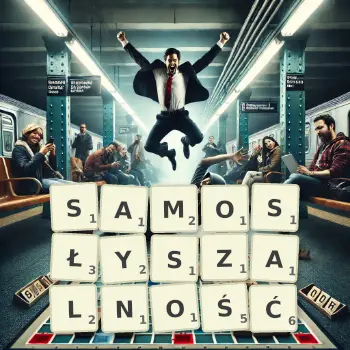 Kreatywna ilustracja do gry w Scrabble ze słowem SAMOSŁYSZALNOŚĆ ułożonym z płytek na planszy.