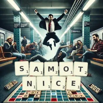 Kreatywna ilustracja do gry w Scrabble ze słowem SAMOTNICE ułożonym z płytek na planszy.