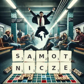 Kreatywna ilustracja do gry w Scrabble ze słowem SAMOTNICZE ułożonym z płytek na planszy.