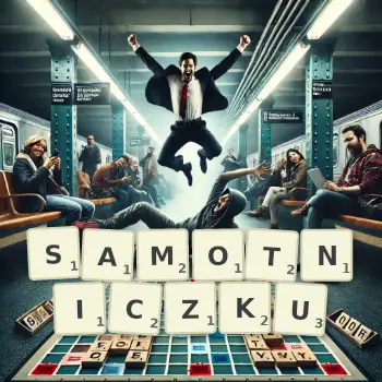 Kreatywna ilustracja do gry w Scrabble ze słowem SAMOTNICZKU ułożonym z płytek na planszy.