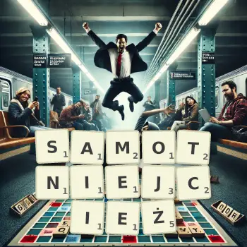 Kreatywna ilustracja do gry w Scrabble ze słowem SAMOTNIEJCIEŻ ułożonym z płytek na planszy.