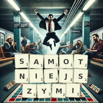 Kreatywna ilustracja do gry w Scrabble ze słowem SAMOTNIEJSZYMI ułożonym z płytek na planszy.