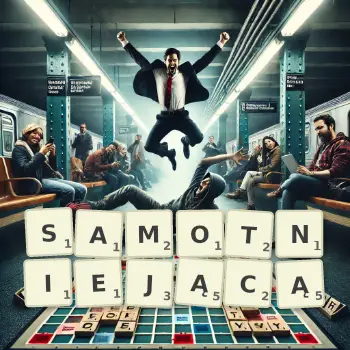 Kreatywna ilustracja do gry w Scrabble ze słowem SAMOTNIEJĄCĄ ułożonym z płytek na planszy.