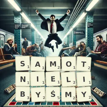 Kreatywna ilustracja do gry w Scrabble ze słowem SAMOTNIELIBYŚMY ułożonym z płytek na planszy.