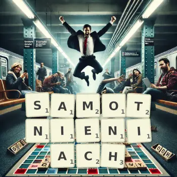 Kreatywna ilustracja do gry w Scrabble ze słowem SAMOTNIENIACH ułożonym z płytek na planszy.