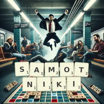 Kreatywna ilustracja do gry w Scrabble ze słowem SAMOTNIKI ułożonym z płytek na planszy.