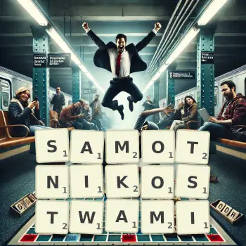 Kreatywna ilustracja do gry w Scrabble ze słowem SAMOTNIKOSTWAMI ułożonym z płytek na planszy.