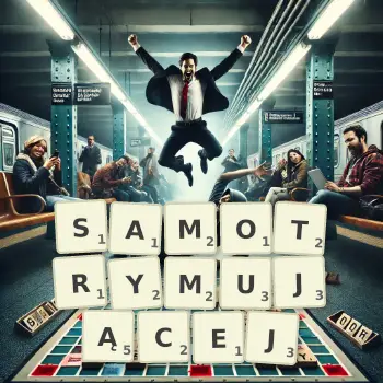 Kreatywna ilustracja do gry w Scrabble ze słowem SAMOTRYMUJĄCEJ ułożonym z płytek na planszy.