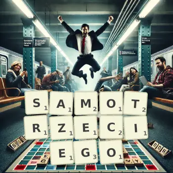 Kreatywna ilustracja do gry w Scrabble ze słowem SAMOTRZECIEGO ułożonym z płytek na planszy.