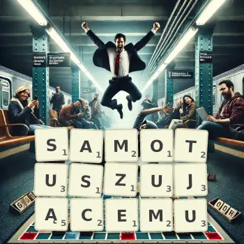 Kreatywna ilustracja do gry w Scrabble ze słowem SAMOTUSZUJĄCEMU ułożonym z płytek na planszy.
