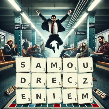 Kreatywna ilustracja do gry w Scrabble ze słowem SAMOUDRECZENIEM ułożonym z płytek na planszy.