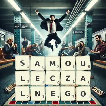 Kreatywna ilustracja do gry w Scrabble ze słowem SAMOULECZALNEGO ułożonym z płytek na planszy.