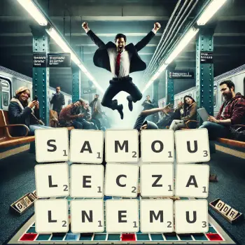 Kreatywna ilustracja do gry w Scrabble ze słowem SAMOULECZALNEMU ułożonym z płytek na planszy.