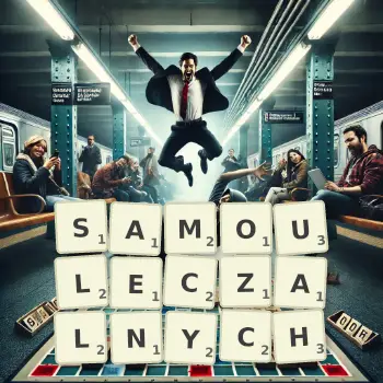 Kreatywna ilustracja do gry w Scrabble ze słowem SAMOULECZALNYCH ułożonym z płytek na planszy.