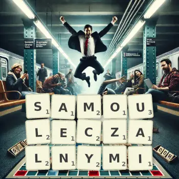 Kreatywna ilustracja do gry w Scrabble ze słowem SAMOULECZALNYMI ułożonym z płytek na planszy.