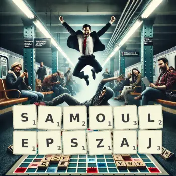 Kreatywna ilustracja do gry w Scrabble ze słowem SAMOULEPSZAJ ułożonym z płytek na planszy.