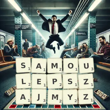 Kreatywna ilustracja do gry w Scrabble ze słowem SAMOULEPSZAJMYZ ułożonym z płytek na planszy.