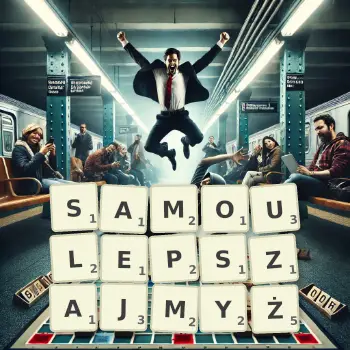 Kreatywna ilustracja do gry w Scrabble ze słowem SAMOULEPSZAJMYŻ ułożonym z płytek na planszy.