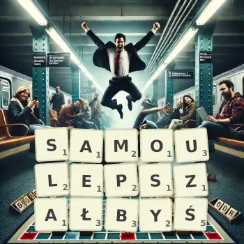 Kreatywna ilustracja do gry w Scrabble ze słowem SAMOULEPSZAŁBYŚ ułożonym z płytek na planszy.