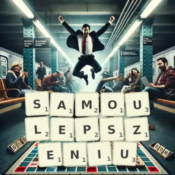 Kreatywna ilustracja do gry w Scrabble ze słowem SAMOULEPSZENIU ułożonym z płytek na planszy.