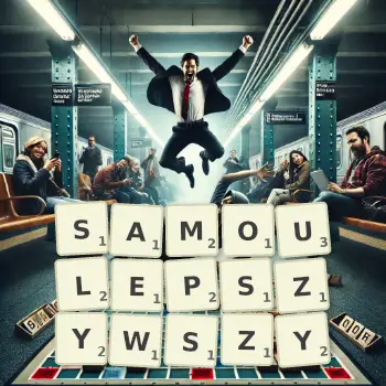Kreatywna ilustracja do gry w Scrabble ze słowem SAMOULEPSZYWSZY ułożonym z płytek na planszy.